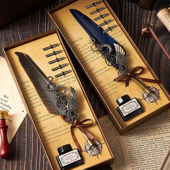 Elegant Vintage Feather Pen with Water Feeder, Mechanical Punk Gift Box Set with Engraving Seal, Birthday Gift