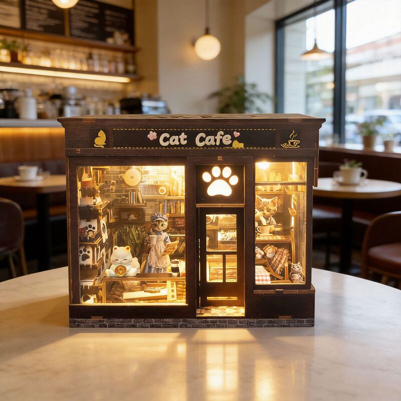 Cat Cafe Wooden Assembly Bookend Miniature Model Handmade DIY Cabin Building Block Toy Wooden Puzzle Cat Cafe Wooden Assembly Bookend Miniature Model Handmade DIY Cabin Building Block Toy Wooden Puzzle