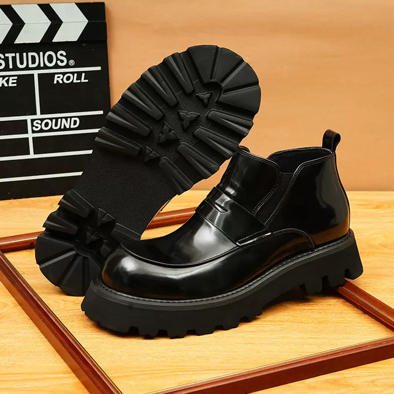 复古亮面真皮擦色短靴男士马丁靴英伦风高帮商务手工厚底套脚皮靴