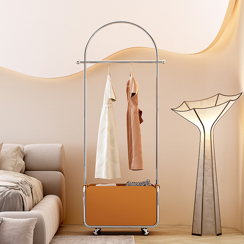 輕奢不鏽鋼皮兜衣帽架落地臥室家用髒衣簍可移動帶輪收納掛衣架