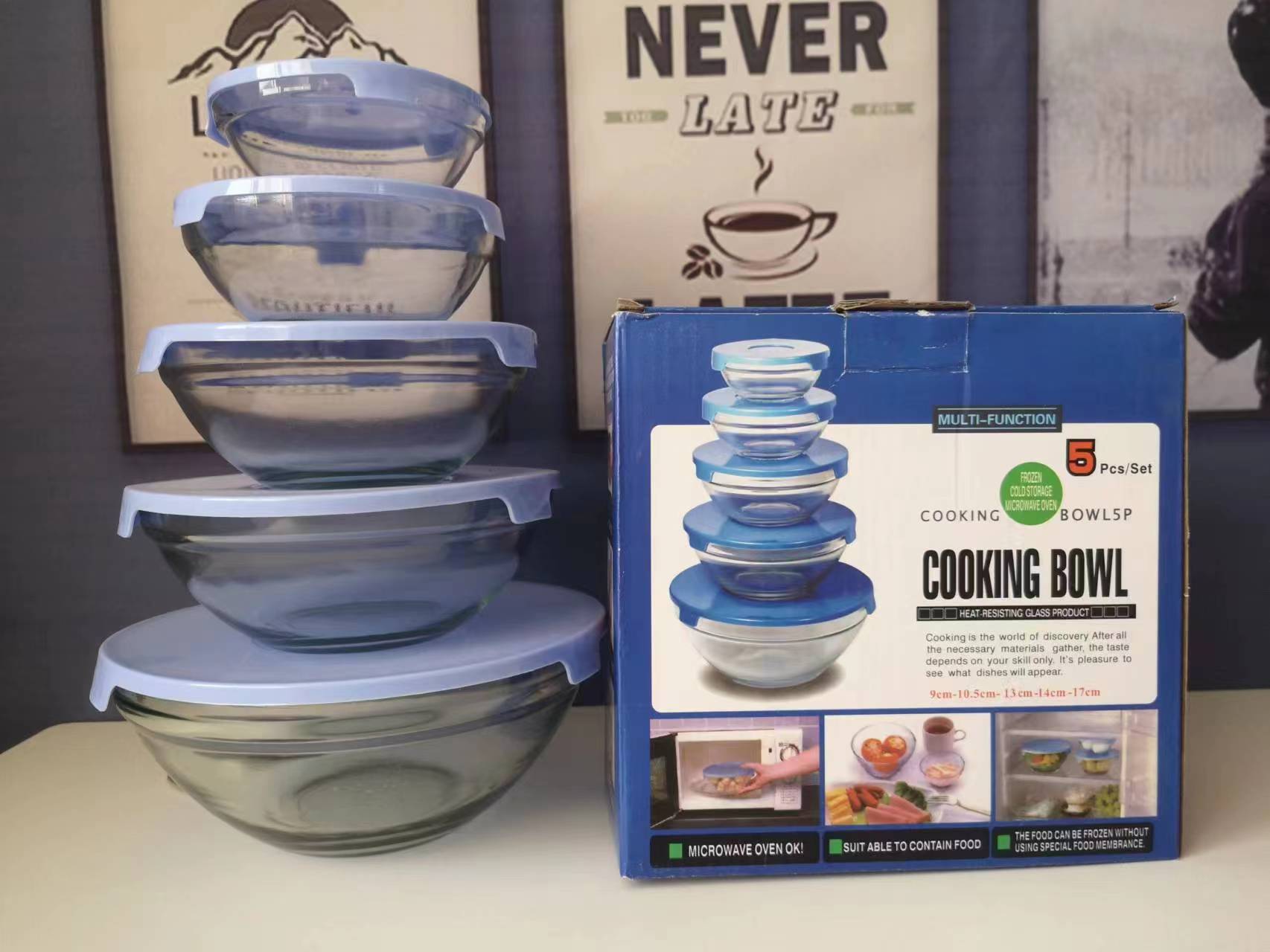 Recipiente de vidrio fresco refrigerador de cinco piezas Almacenamiento de vegetales y frutas Recipiente de regalo Juego de tazón Caja de regalo apertura actividad regalo