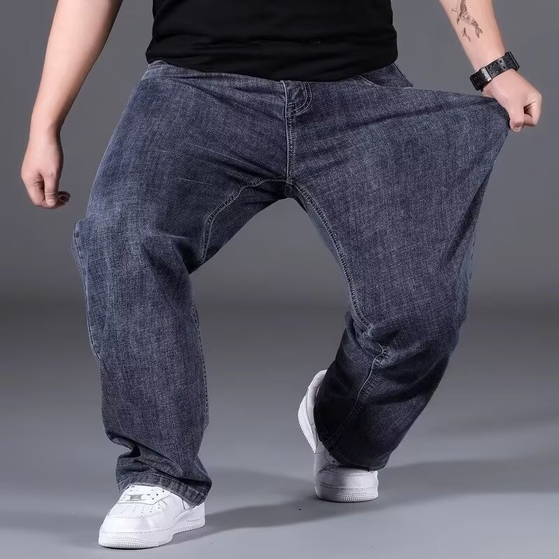Men's Spring and Autumn Stretchy Loose Straight High-Waisted Plus-Size Business Casual Jeans for Big Guys