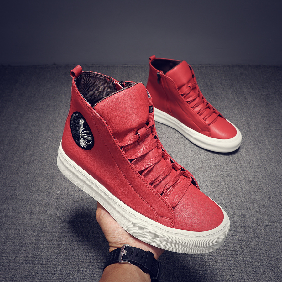 Large Size Men's Shoes, Size 45, Casual Shoes, Men's High-Top Shoes, Men's Spring Sneakers, Trendy Shoes for Boys, Soft-Soled Leather Shoes, Red