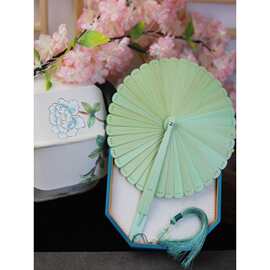 扇子折扇中国风纯色果绿色全竹手工圆形竹扇随身可折叠复古风团扇