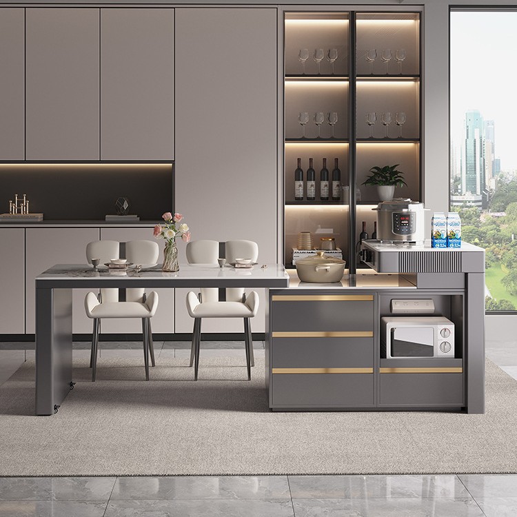 Isla inteligente contra la pared mesa mesa de comedor hogar integrado retráctil pequeño apartamento italiano minimalista con cocina de inducción mesa y silla de roca