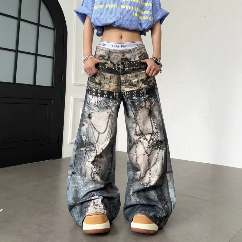 2026 American-style distressed 3D printed chain belt straight-leg jeans, unisex, loose wide-leg pants with a unique design 2026 American-style distressed 3D printed chain belt straight-leg jeans, unisex, loose wide-leg pants with a unique design