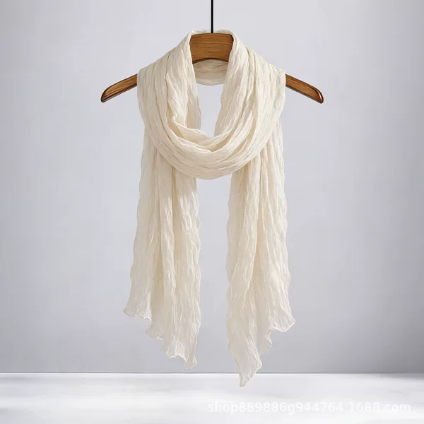 Beige Retro Artistic Cotton and Linen Scarf for Women, Spring, Summer, Autumn Korean Style, Thin Pleated Linen Scarf, Neck Scarf, Shawl