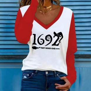 Foreign trade Amazon European and American new women's V-neck long-sleeved T-shirt letter 16.92 million Halloween printing color matching T-shirt