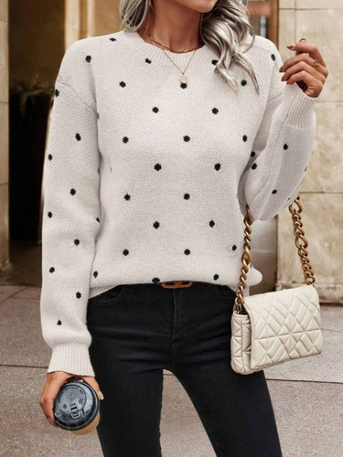 Women's European and American Cross-border Fashion Round Neck Long Sleeve Hooded Sweater Top with Polka Dot Embroidered Knit Shirt for Autumn