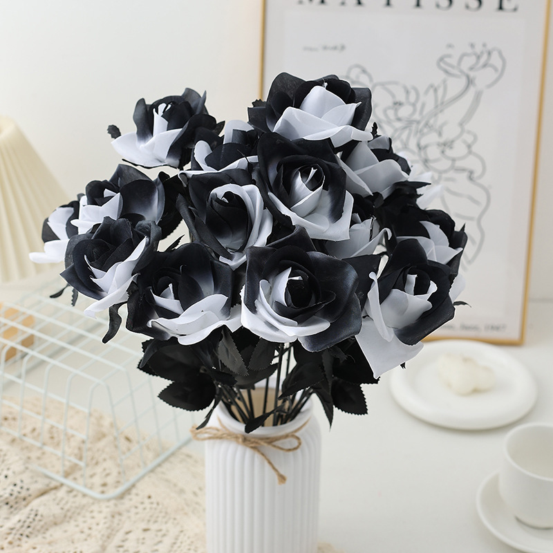 Cross-border supply of single black and white rose artificial flower fake flower silk flower Halloween party decorative flower dark bouquet