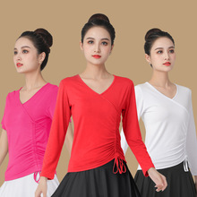 新款广场舞服装V领抽绳上衣现代舞舞蹈练功服女瑜伽形体跳舞衣服