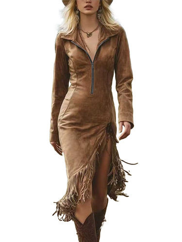 Hot Western denim style suede tassel slim long-sleeved dress