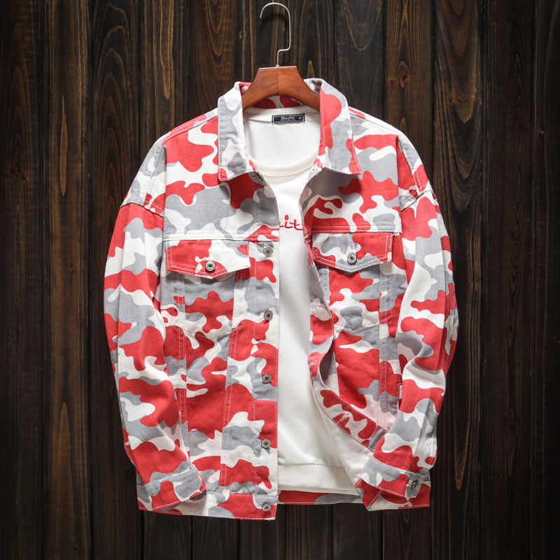 Trendy Brand Men's Spring and Autumn Denim Jacket Red Camouflage Shoulder-drop Hong Kong Style Top Youth Loose Casual Jacket