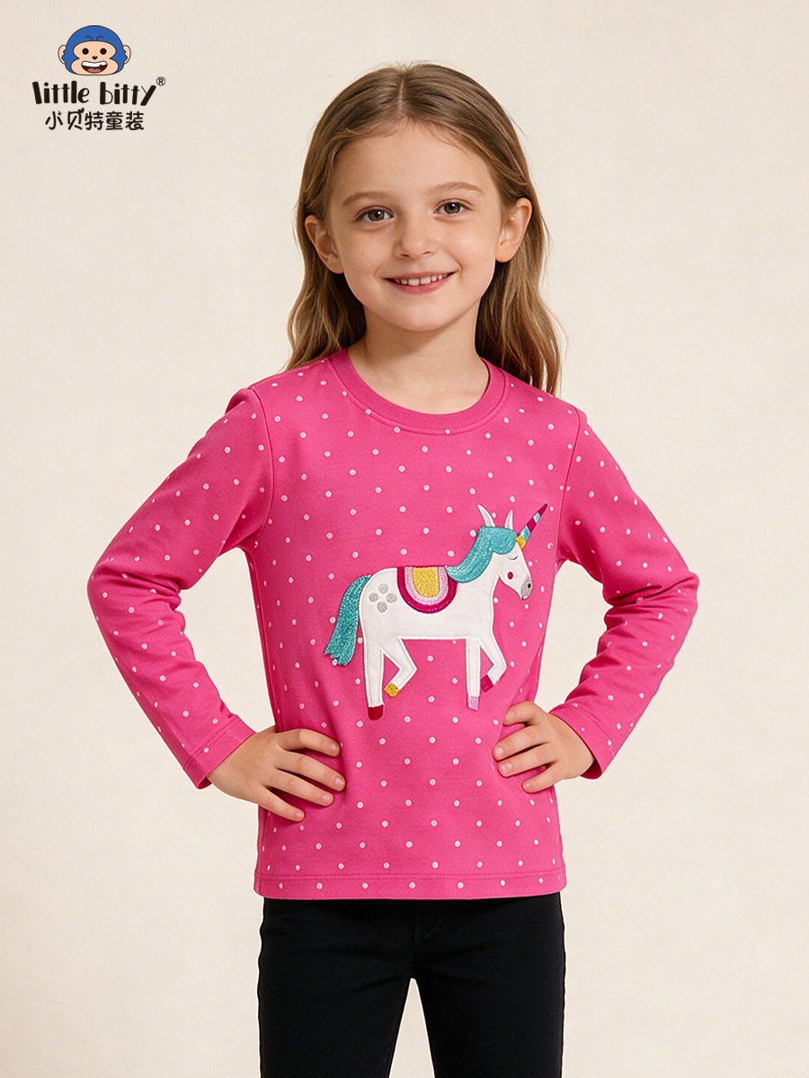 Cross-border supply 2026 children's long-sleeve T-shirt autumn cartoon polka dot unicorn embroidered girls' top base shirt