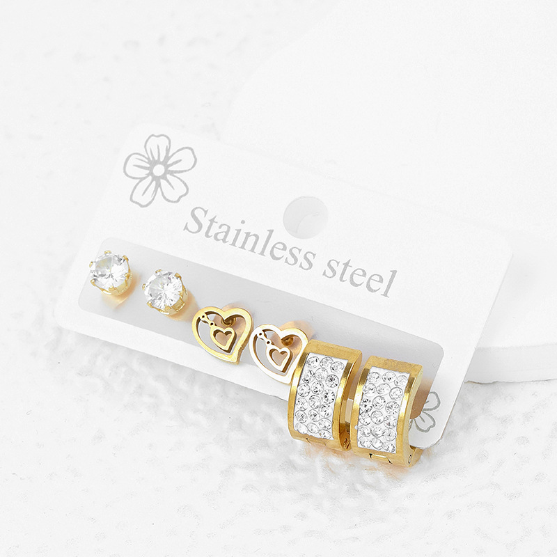 Stud Earrings Set Gold Stainless Steel Floral Diamond Inlaid_voghion.com