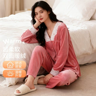 秋冬新款蕾丝海岛绒睡衣女加厚保暖轻奢家居服两件套可外穿