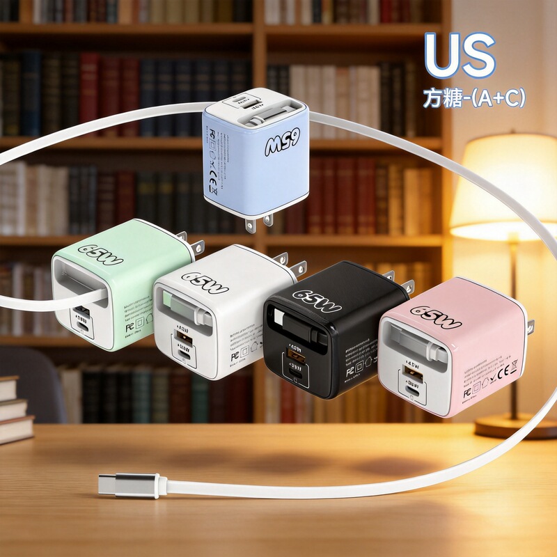 Retractable cable PD65W macaron color charger for small appliances, travel portable PD+USB multi-port fast charger