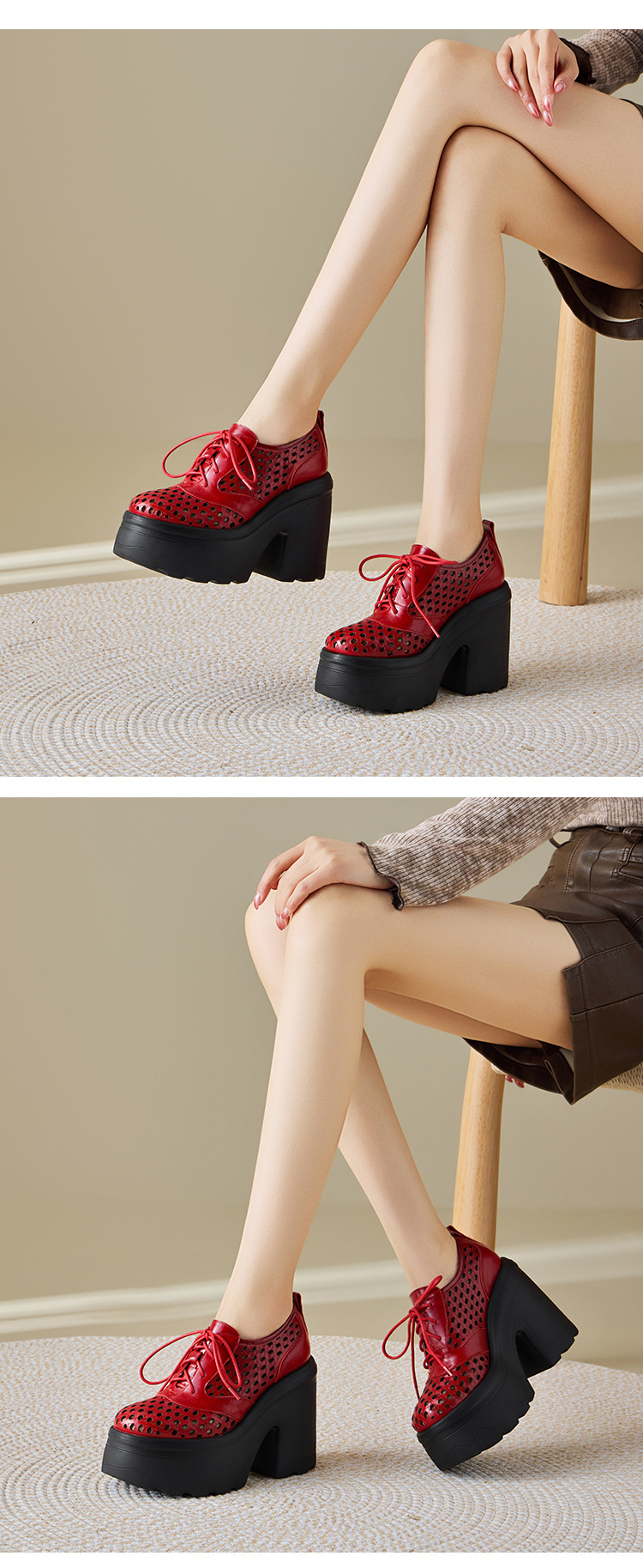 Giày loafer nữ gót cao đế xuồng platform da bò thật, phong cách hở mũi buộc dây thoáng khí — màu đen, màu trắng, màu đỏ chi tiết 12