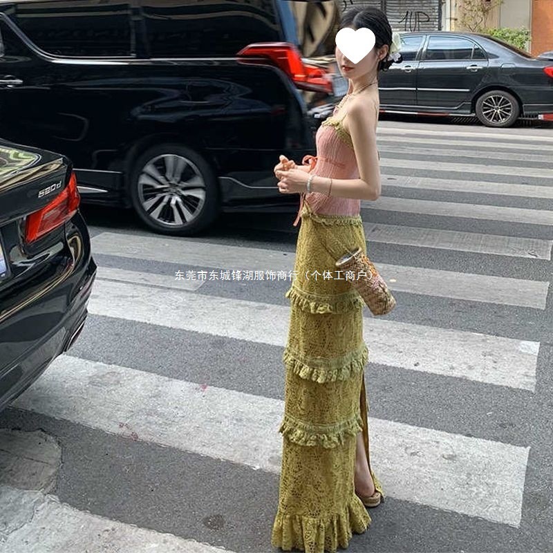 度假马卡龙撞色花边吊带连衣裙/官搭开衫套装褶皱拼接印花|undefined