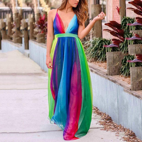 Women nightclub ba singers rainbow striped chiffon long Dress long sexy  deep V rainbow mesh slip