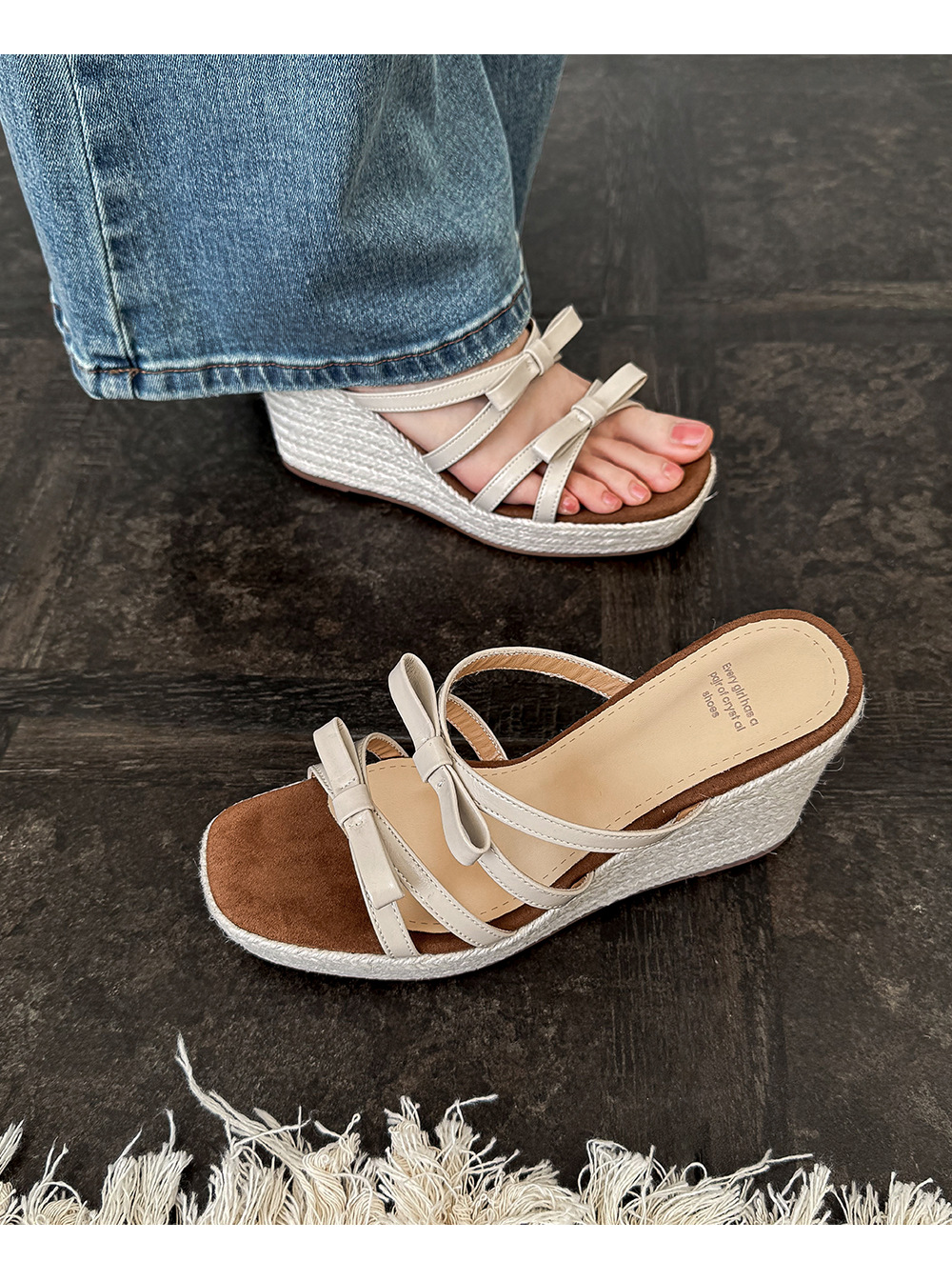 Sandal cao gót nữ quai mảnh mũi hở đế xuồng đan rơm gót 9 cm — màu đen, màu trắng ngà chi tiết 11