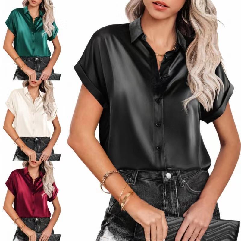 2026 European and American Amazon Cross-Border Women's Silk Shirt Short-Sleeved Satin Button Casual Loose Top Elegant