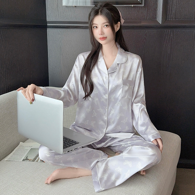高颜值纯欲风蝴蝶冰丝睡衣女春秋薄款长袖长裤两件套家居服批发|undefined