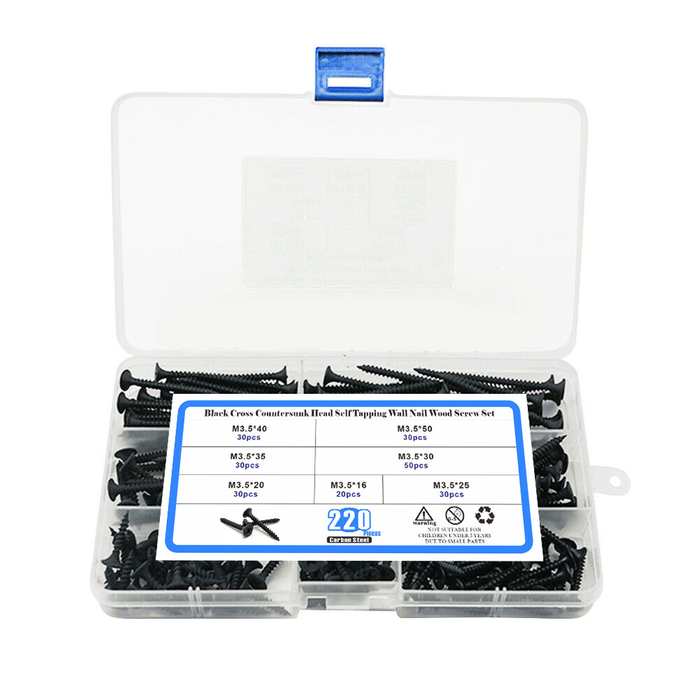 220件黑色木螺钉组合套件,平头自攻螺丝黑色碳钢螺丝M3.5跨境组合
