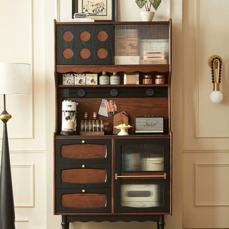 French Solid Wood Sideboard Home Living Room Wall-Mounted Integrated Storage Cabinet Restaurant Retro Double-Layer Tea Cabinet Storage Cabinet