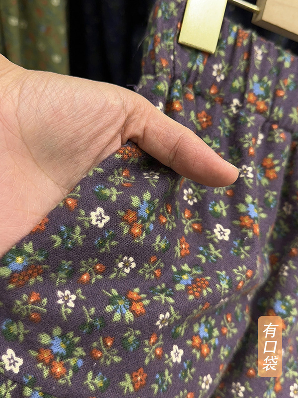 秋季新款复古印花磨毛半身裙2025新款有口袋中长款松紧腰a字半裙|undefined