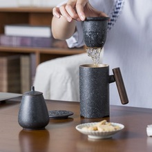 泡茶神器懒人杯茶水分离陶瓷木柄马克杯带盖过滤泡茶杯喝水杯子跨