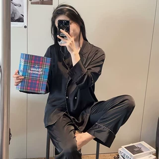 2025新款冰丝睡衣女士双排扣黑轻奢长袖长裤舒适家居服套装可外穿