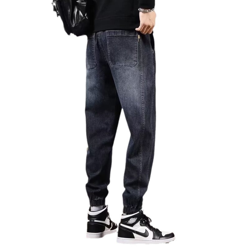 2024 primavera y otoño pantalones vaqueros de cintura elástica todo fósforo para hombres, pantalones de pierna ancha rectos sueltos para adolescentes de la calle principal