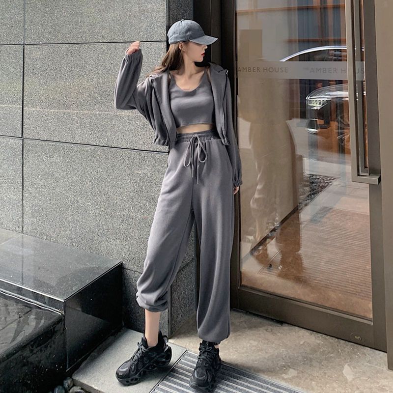 跨境三件套女装春款2025新款简约长袖连帽外套长裤运动套装女批发