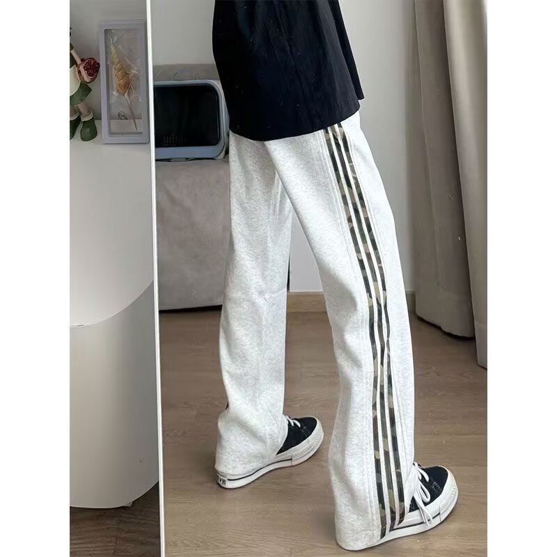 American-Style Striped Color-Block Wide-Leg Pants for Men, Drapey Sweatpants, Straight Loose Fit Sports Pants, High Street Casual Pants