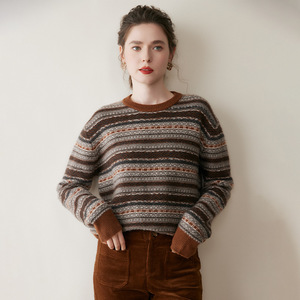 山羊绒衫复古撞色浮线提花羊绒毛衣女宽松加厚针织套头打底衫内搭