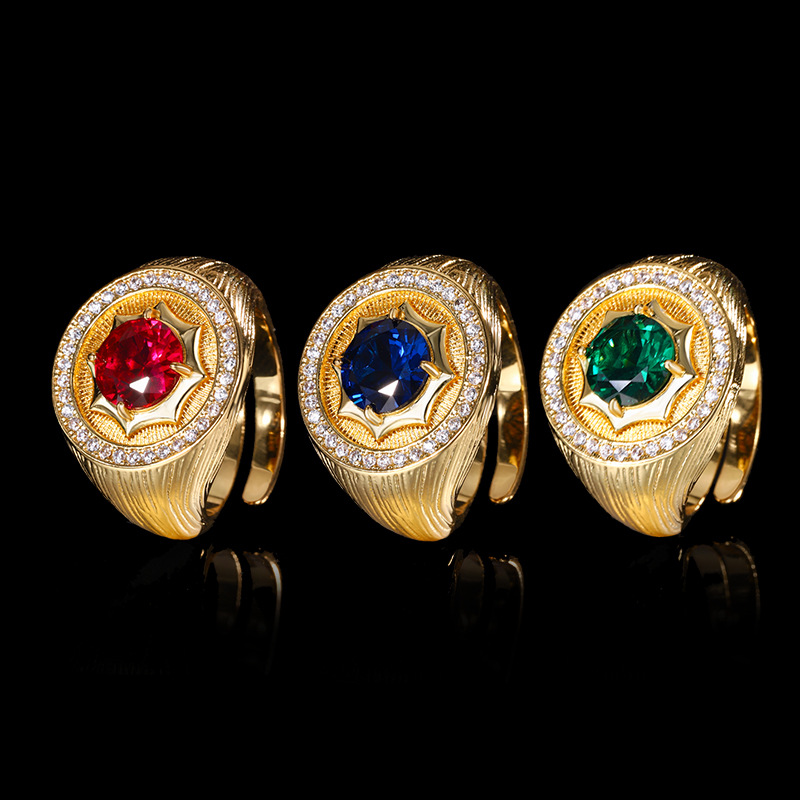 2024 nueva joyería Zhuang Shengsheng fondo de cobre chapado en oro simulación corindón temperamento anillo de oro redondo mujer 8mm