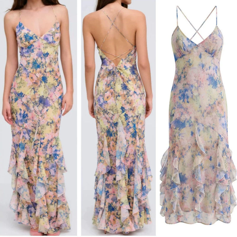 New Foreign Trade Style French-Inspired Vacation Long Dress with Ruffles, V-Neck, Slim Fit, Sexy Backless Strap Dress New Foreign Trade Style French-Inspired Vacation Long Dress with Ruffles, V-Neck, Slim Fit, Sexy Backless Strap Dress