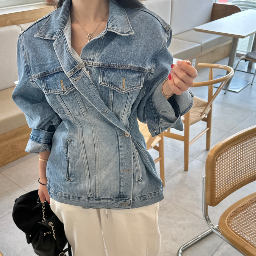 Dongdaemun Autumn and Winter New Korean Style Unique Design Cocoon-Shaped Sleeves Distressed Washed Blue Oversized Denim Jacket