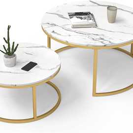 现代嵌套咖啡桌圆形金色框架仿白色大理石桌面适用于小空间和客厅