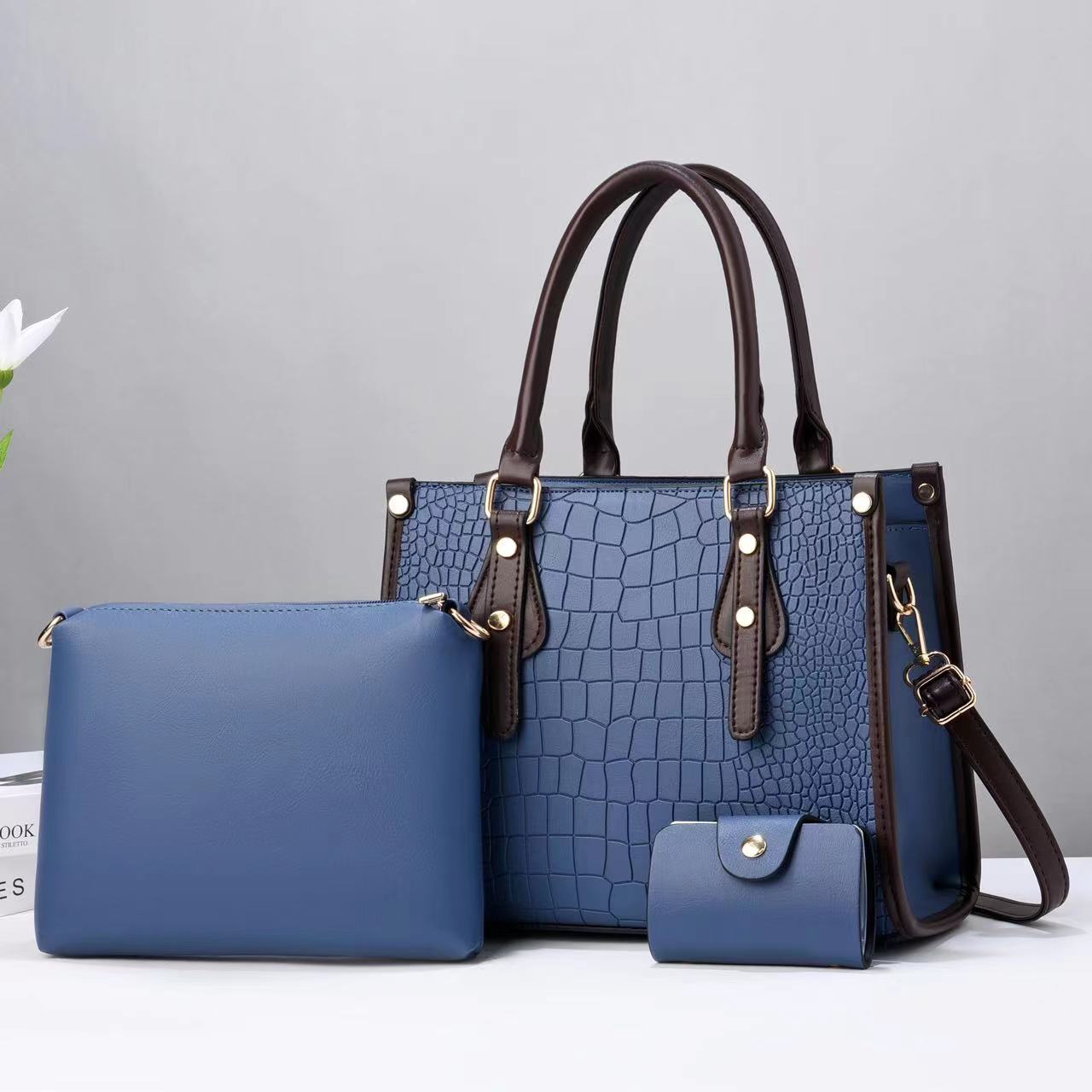 2023 new contrasting color stone pattern three-mouth bag cross-border single shoulder diagonal texture western style three-piece set women's bag mother bag