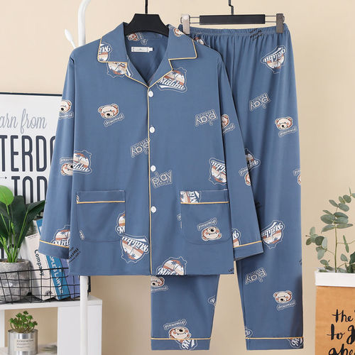 Men's pajama set with long sleeves, 100% pure cotton, spring and autumn style, for young men and boys, summer, autumn and winter home wear set