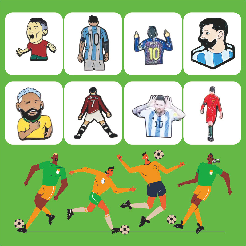 Fabricante personalizado Champions League World Cup Football Super Star Metal Insignia Imagen de dibujos animados Etiqueta del teléfono móvil Insignia Regalo