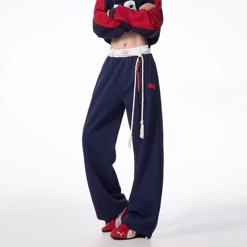 Vintage American Color Blocking Belted Athletic Pants for Men and Women Loose Wide Leg Sweatpants Hip-Hop Jazz Couple Casual Pants Trendy