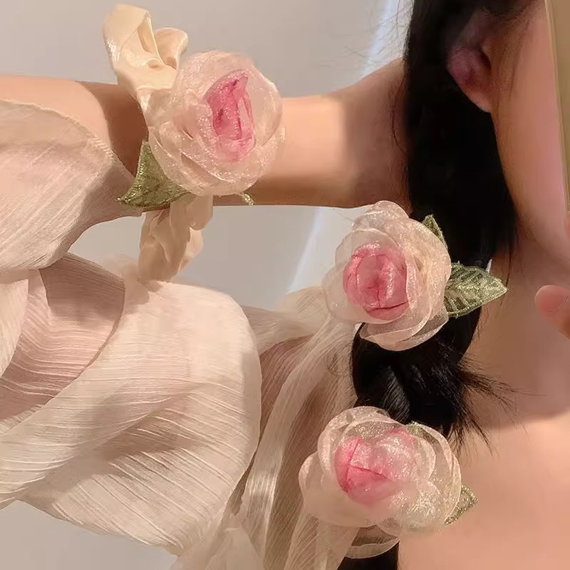 드라이 로즈 머리핀, 꽃, 여성용 머리끈, 고급 슈퍼 요정 오간자 앞머리 사이드 헤어 액세서리, 봄 머리핀