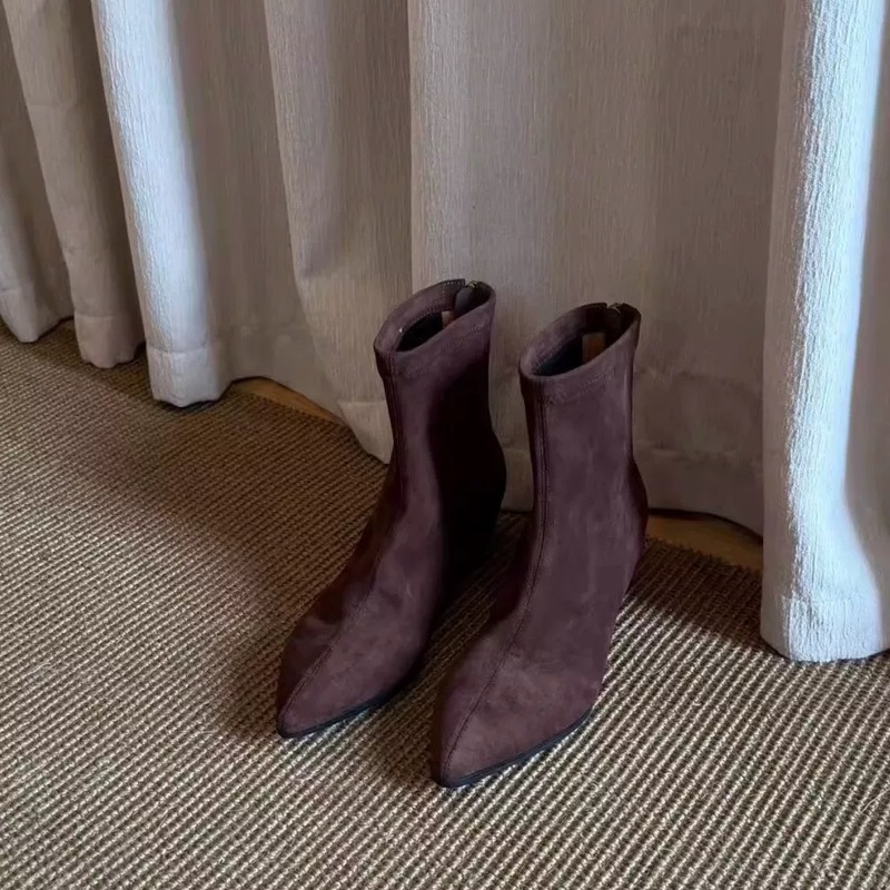 羊皮版~气质小众绒面尖头内增高后拉链瘦瘦靴短靴女秋冬季牛仔靴|undefined