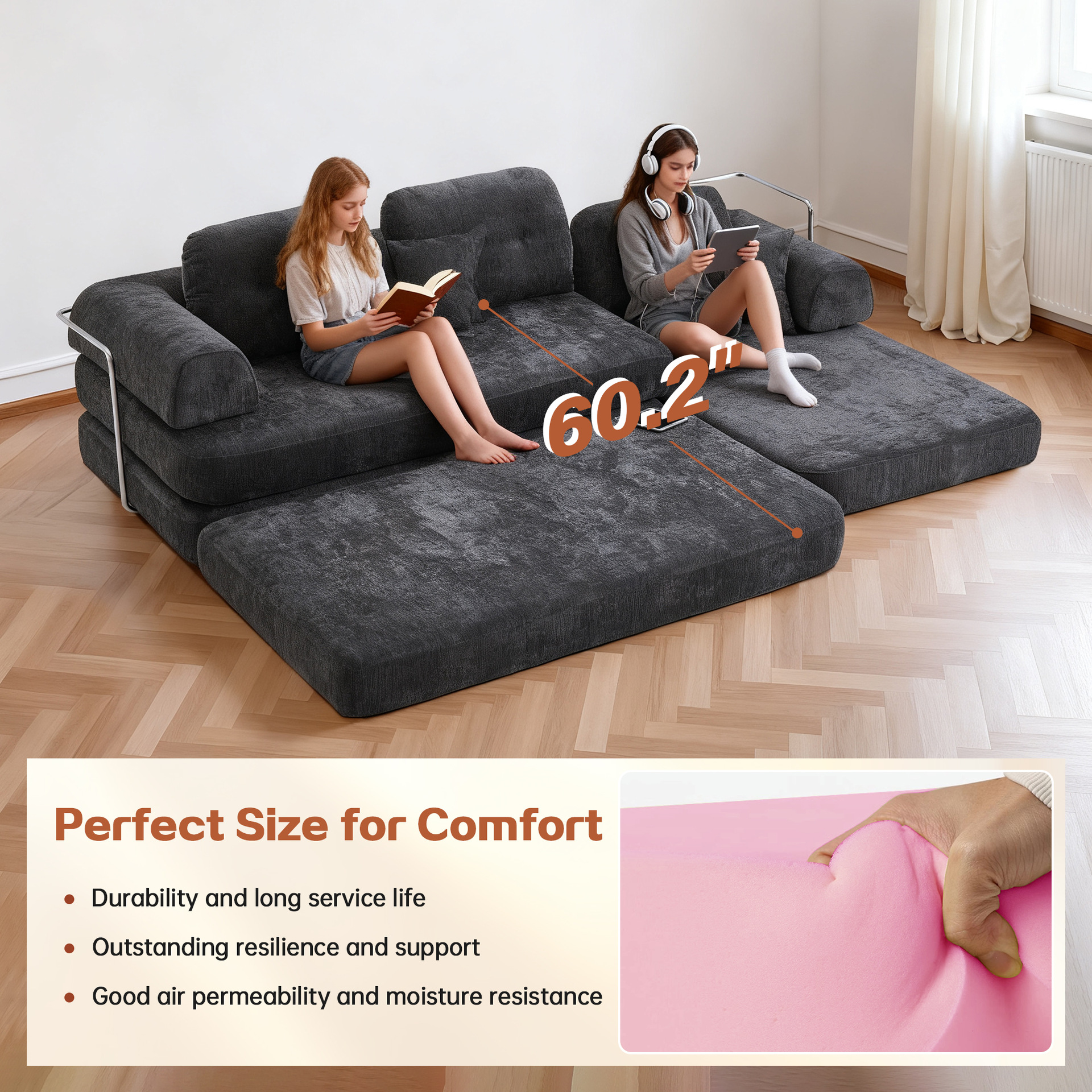 Fábrica directa vacío sofá de compresión sala de estar dormitorio doble línea recta módulo minimalista marco de metal plegable