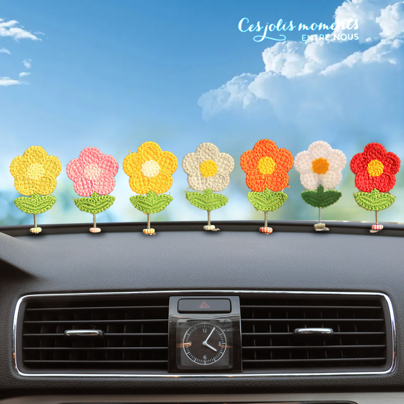 Nueva lana, girasol tejido a mano, decoración de coche, consola central de coche, flores frescas que sacuden la cabeza