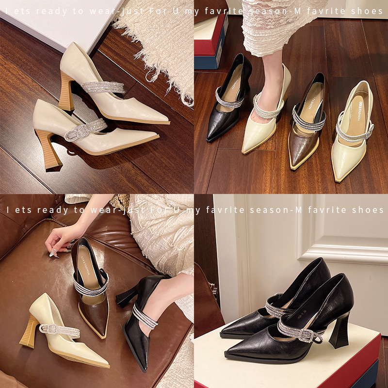 2025 Spring/Summer New Vintage Mary Jane Shoes For Women, Chunky Heel, Soft Sole, High-End French Style With Rhinestones_voghion.com
