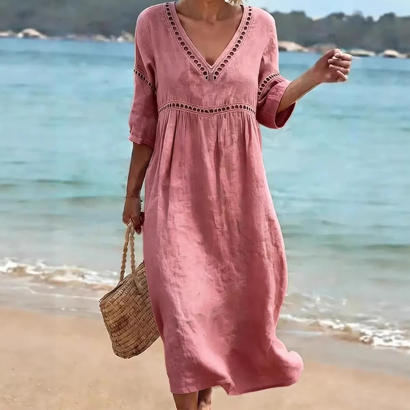 Amazon 2026 European and American Cross-Border Spring and Summer New Elegant Casual V-Neck Solid Color Mid-Sleeve Women's Dress